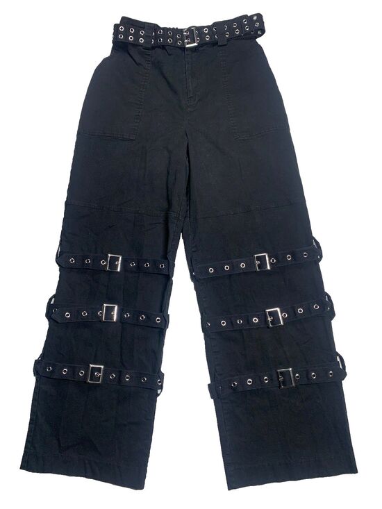 Dolls Kill Pants - Current Mood Dolls Kill Black Wide Leg Buckle Cargo Pants Goth Grunge Size M